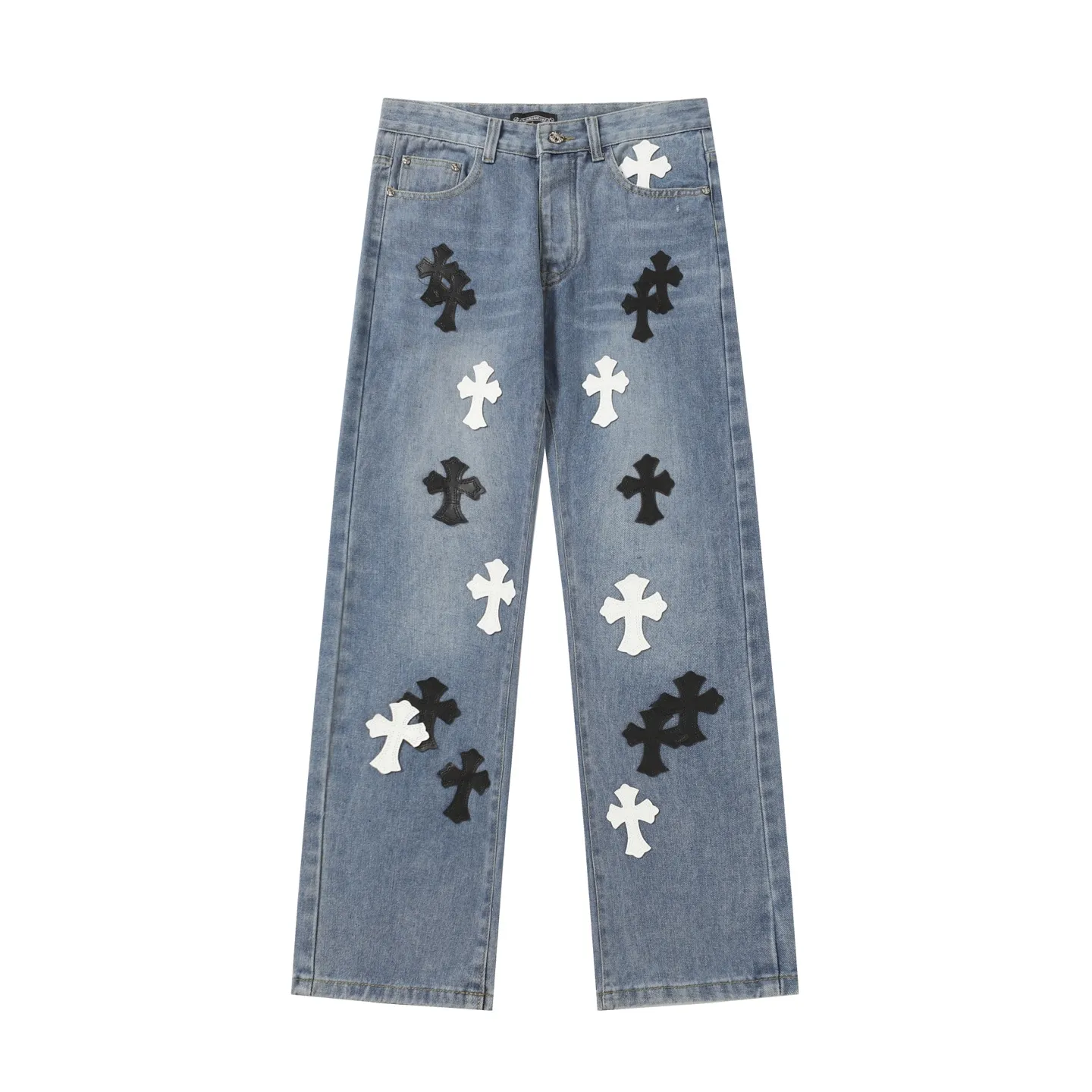 P280 Chrome Hearts/Chrome Hearts 2025SS retro faded ice blue black and white cross Paris limited denim trousers -Vibe style straight stacked god-level version -Ice blue faded denim fabric -A full set of old vintage hardware - Chrome Hearts washed ice blue The high version uses high-ounce custom fabrics, fermentation washing and soft color fixation, soft and thick to wear. The details are all made by hand-polished craftsmanship. All-over jacquard fabrics unique design style created through multiple processes to create a full retro feel Niche unique non-contrasting shirt. Customized distressed spray-painted buttons. Craftsmanship in every detail. Color: Picture color. Size: 28-36.